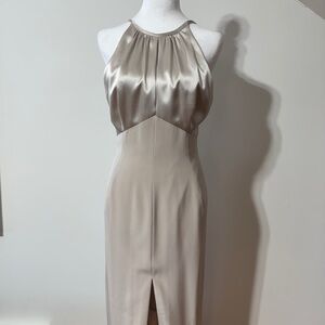 Tahari Elegant Satin Halter Dress Silver Champagne color